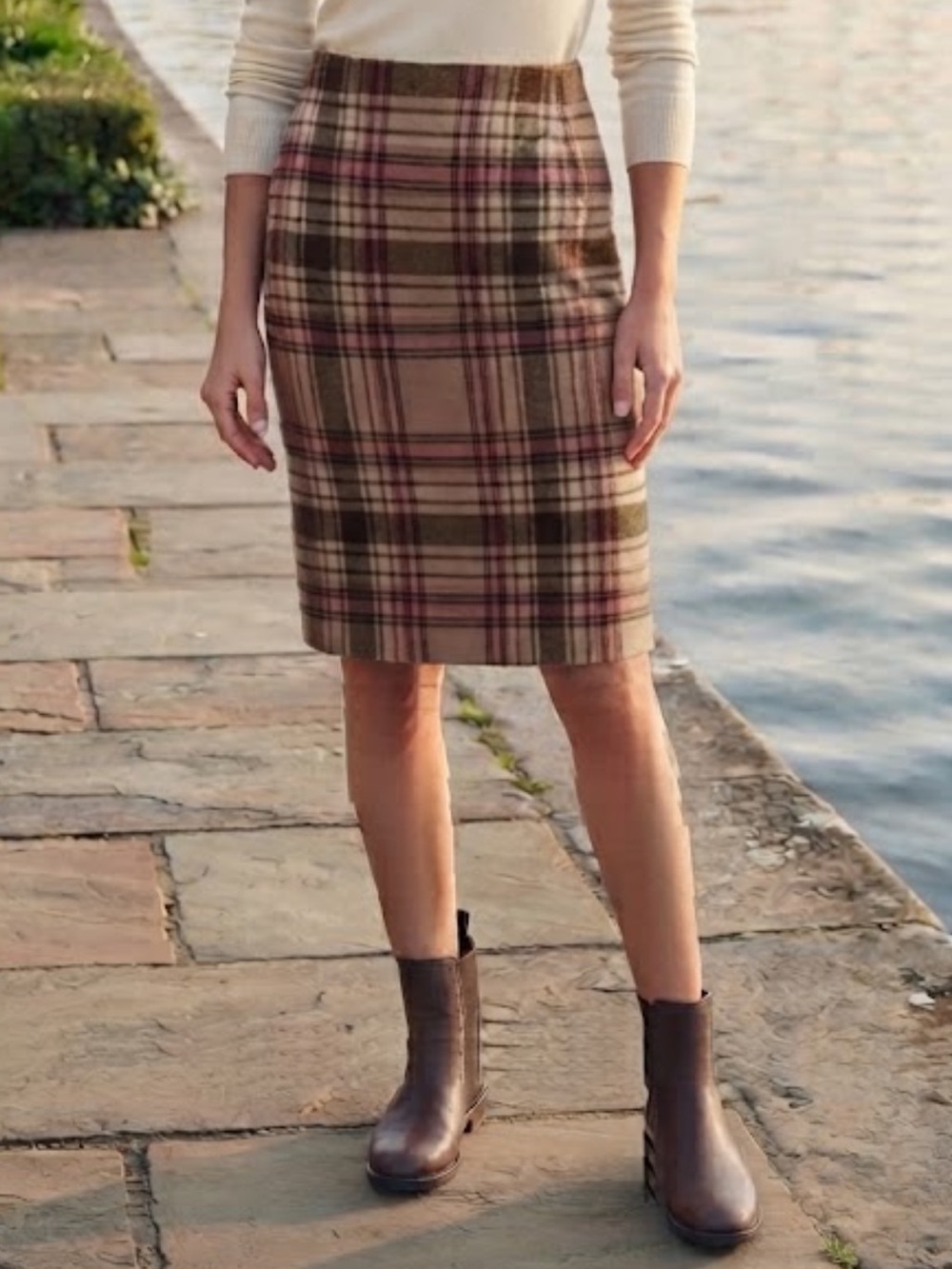 Talbots plaid wool blend brown tan pink skirt